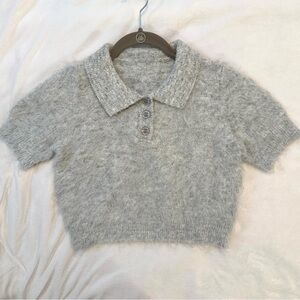 Gucci Brushed Wool Mohair Cashmere Silk Crop Collar Gray Sweater Women’s L